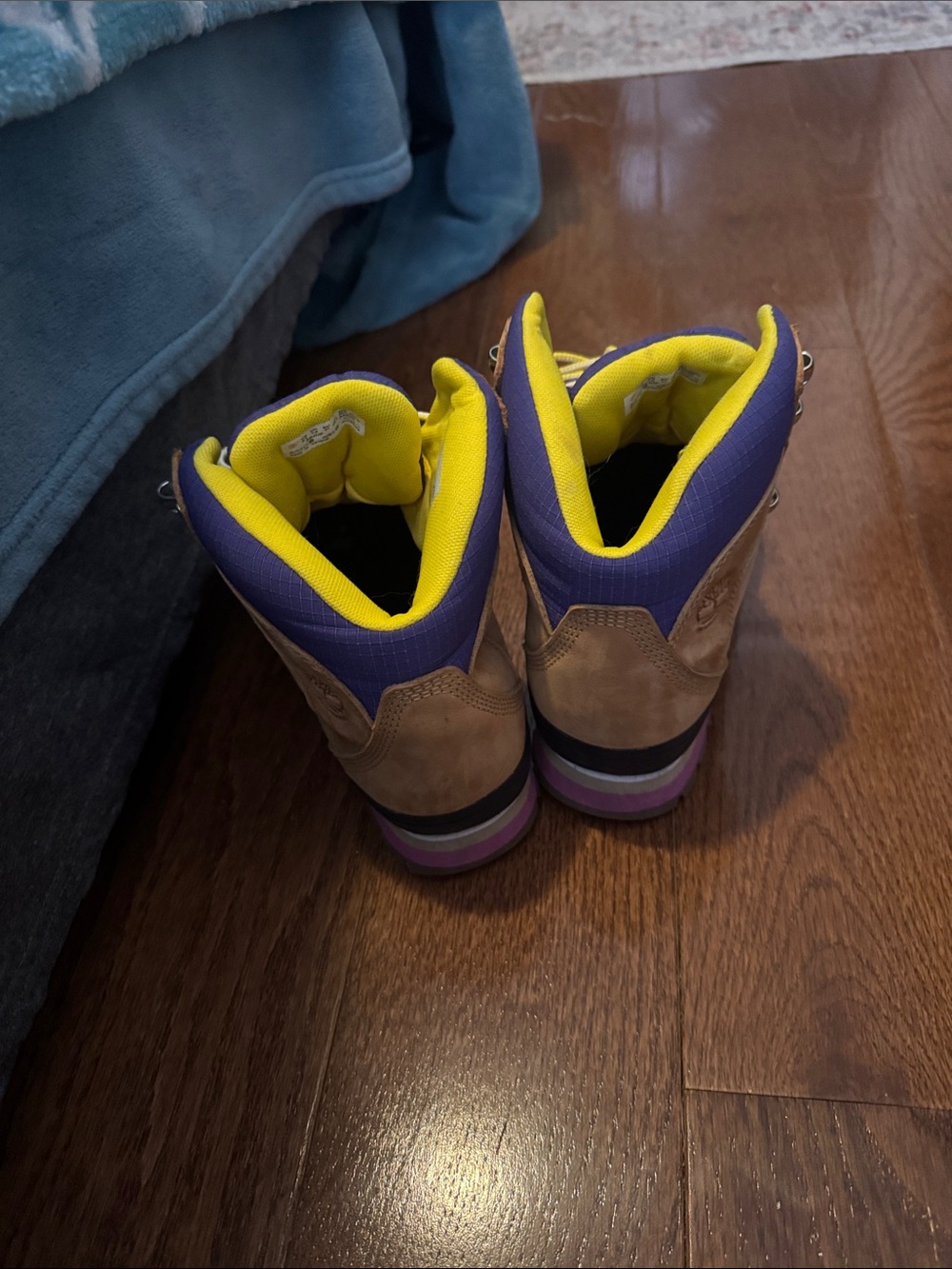 Timberland Tan Suede Boots with Purple Tongue and Yellow Lining - Picture 2 of 2